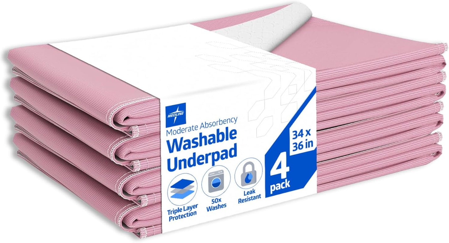 Medline Washable Bed Pads for Incontinence, Large 34 x 36 inch Reusable Underpads, 4 Pack, Pee Pads