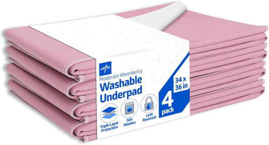 Medline Washable Bed Pads for Incontinence, Large 34 x 36 inch Reusable Underpads, 4 Pack, Pee Pads