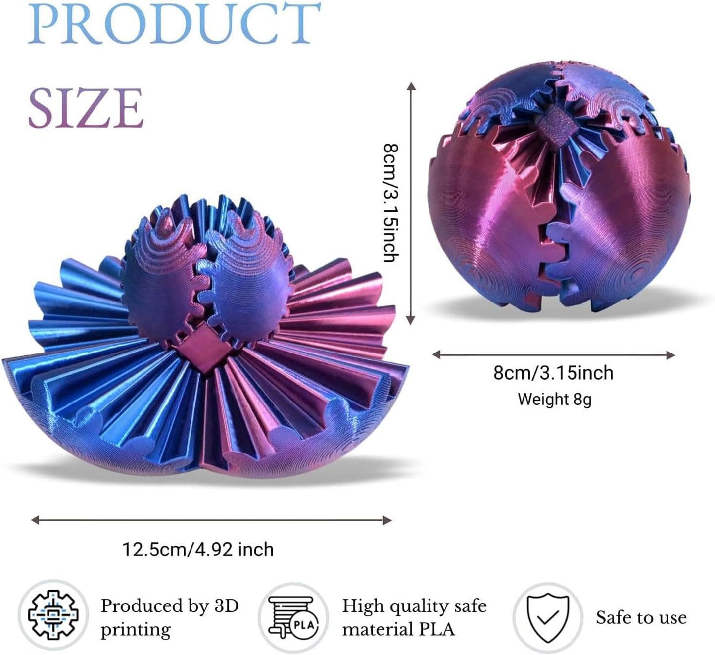 Gear Ball, Gear Sphere 3D Printed Gear Ball Fidget Toy Spin Ball, GearSphere Desk Toy, Stress Ball, Fidget Ball, Gear Toy for Stress and Anxiety Relaxing (Laser Red Blue Green)