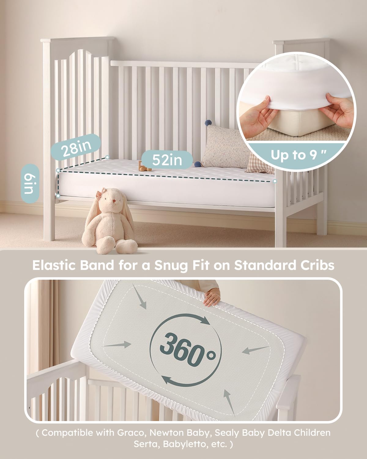 Yoofoss Waterproof Crib Mattress Protector 2 Pack, Quilted Crib Mattress Pad Cover Ultra Soft and