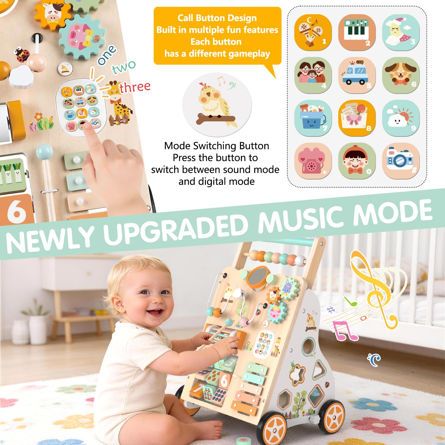 Weilim Wooden Baby Walker, 10-in-1 Montessori Push Walker for Toddlers 1+