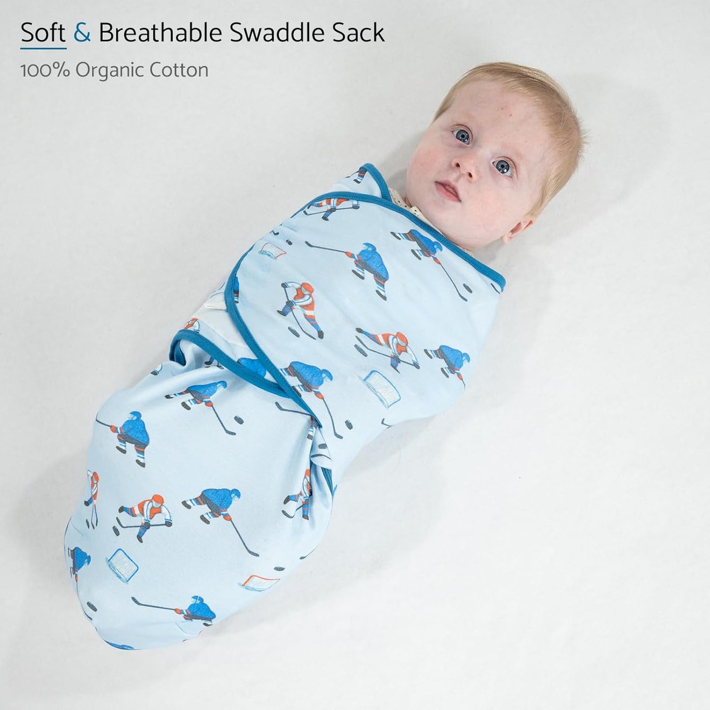 LollyBanks Baby Swaddle, 100% Organic Cotton Newborn Boy Swaddle Sack 0-3 Months, Newborn Baby Swaddle Blanket Wrap with Easy Change Zipper, Baby Registry Must Haves (Ice Hockey)