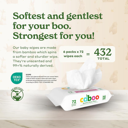 Caboo Baby Wipes, Made with Bamboo Viscose, Certified Made Safe Ingredients, Unscented Baby Wipes Good for Sensitive Skin, 72 Wipes Per Travel Pack, Total of 432 Wet Wipes