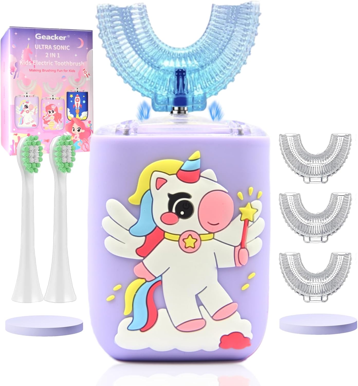 Kids Electric Toothbrush U Shaped Toddler Auto Sonic Toothbrushes with 5 Brush Head, Cartoon