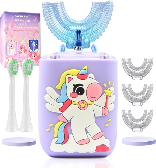 Kids Electric Toothbrush U Shaped Toddler Auto Sonic Toothbrushes with 5 Brush Head, Cartoon