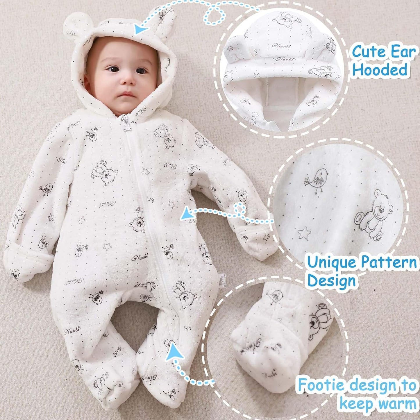 Fairy Baby Newborn Baby Bear Onesie Thin Fleece Footie Romper Snowsuit Hooded Jumpsuit Bodysuit Winter Outwear Boy Girl 0-12M