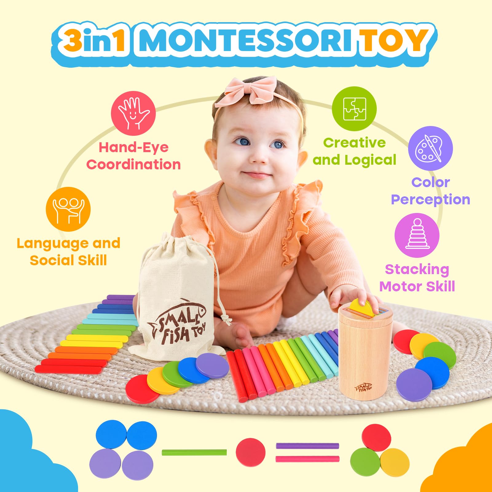 Wooden Montessori Baby Toddler Toys 3in 1 Learning Fine Motor Preschool Toy