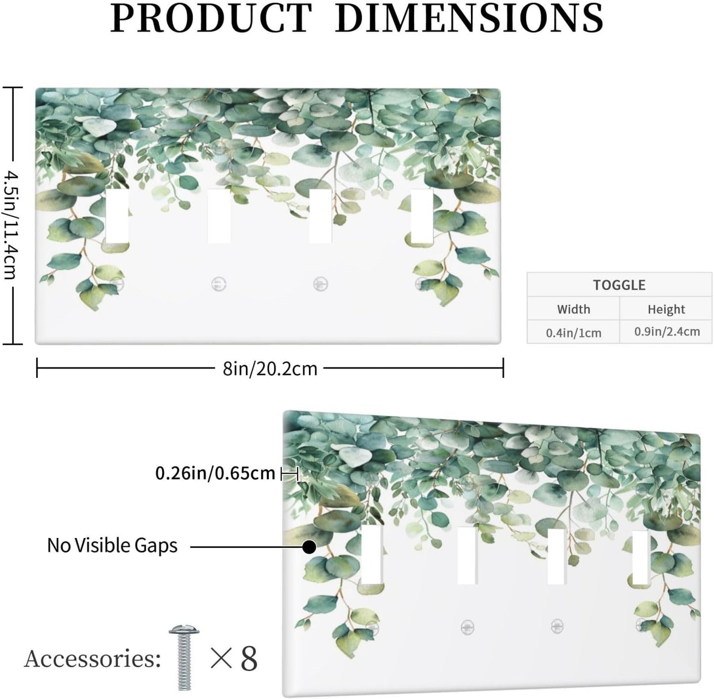 Decorative Switch Covers Plate Rustic Green Eucalyptus Leaves 4 Gang Artistic Wall Plate Unique Quad Toggle Light Switch Plate Jumbo Faceplate for Country Bedroom Kitchen Home Decor