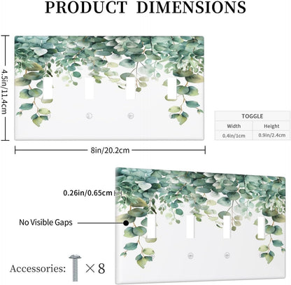 Decorative Switch Covers Plate Rustic Green Eucalyptus Leaves 4 Gang Artistic Wall Plate Unique Quad Toggle Light Switch Plate Jumbo Faceplate for Country Bedroom Kitchen Home Decor
