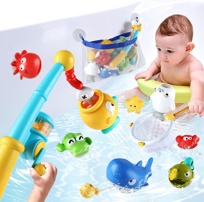 Bath Toys for Kids, Magnetic Fishing Toys with Storage Bag and Light up Star, Wind Up Creatures