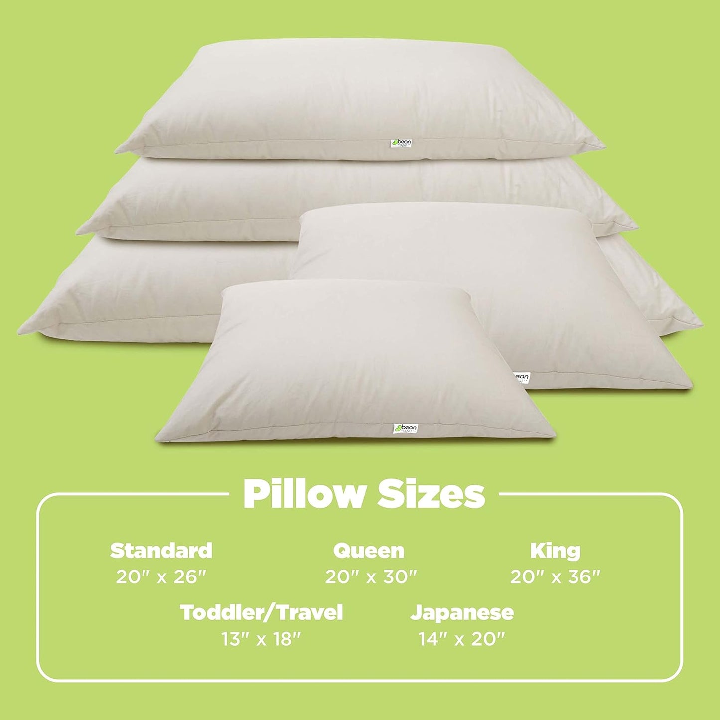 Bean Products Queen Organic Kapok Pillow + Natural Org Case - 20" x 30" - Organic Cotton Zippered Shell - Made in USA