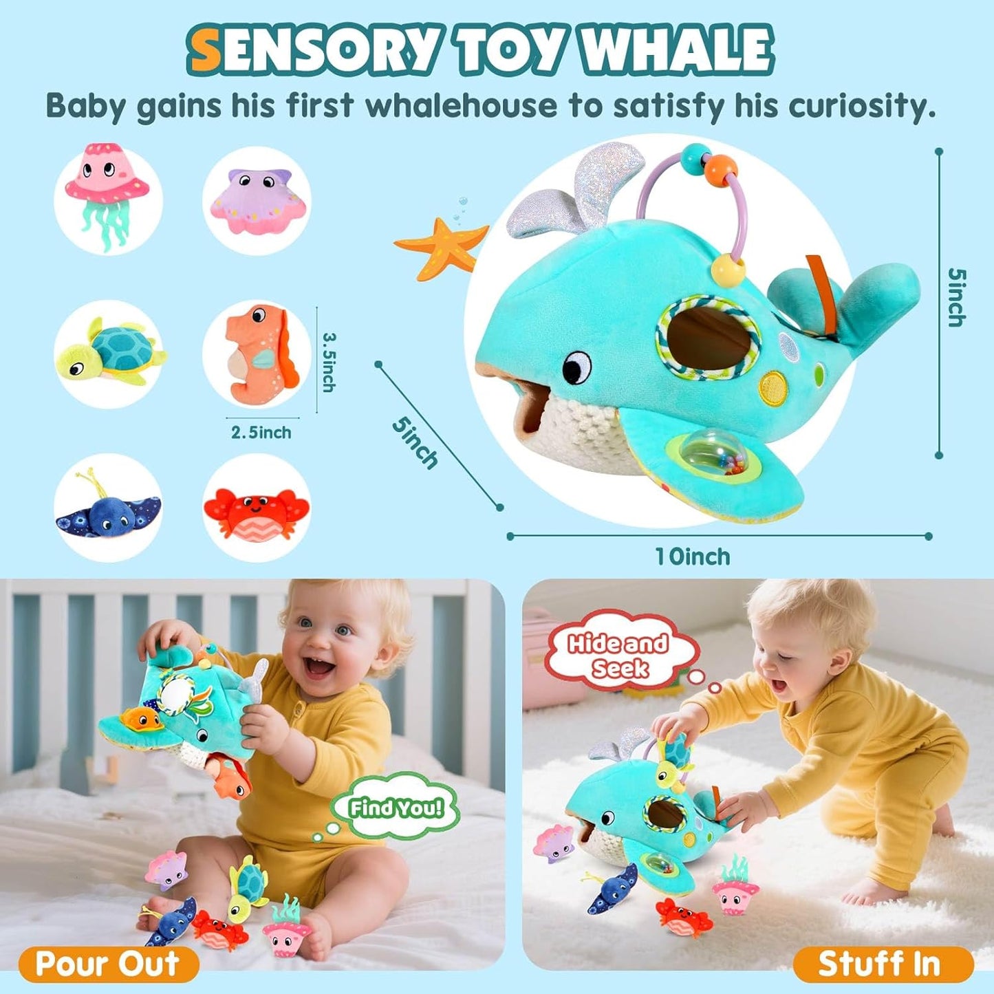 Baby Toys 6-12 Months - Soft Ocean Adventure Toy with Rattle, Crinkle Paper, Squeaker, Mirror - Baby Sensory Toys for 6+ Month Old Developmental, Montessori Toys for 1 Year Old Boy Girl Gifts