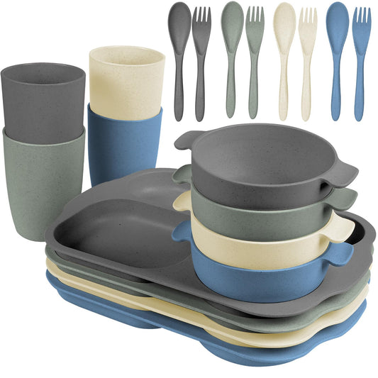 shopwithgreen Wheat Straw Dinnerware Cutlery Set, 20 PCS Kids Toddlers Divided Plates and Bowls