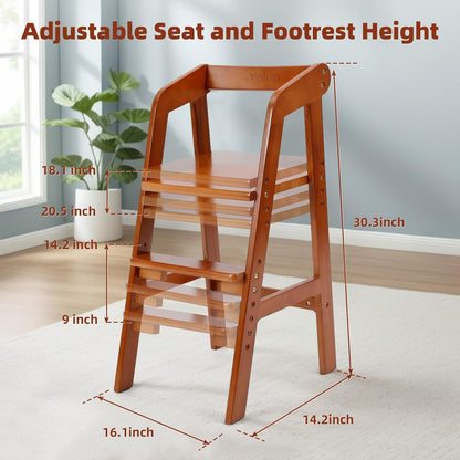 Wooden High Chair for Toddlers, Adjustable Dining Feeding Chair with Removable Cushion for Child