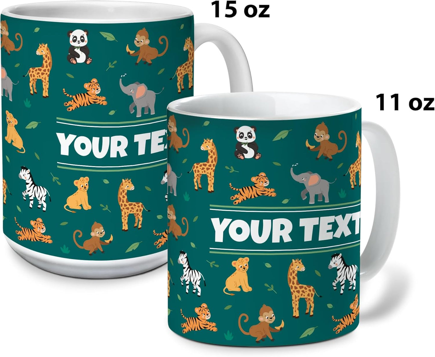 Personalized Mug for Kids - Zoo Animals - Custom Name/Text, Ceramic Hot Chocolate/Cocoa/Coffee Cup for Boys/Girls, Birthday/Christmas/Holiday Gift - 11 oz, Pink Handle
