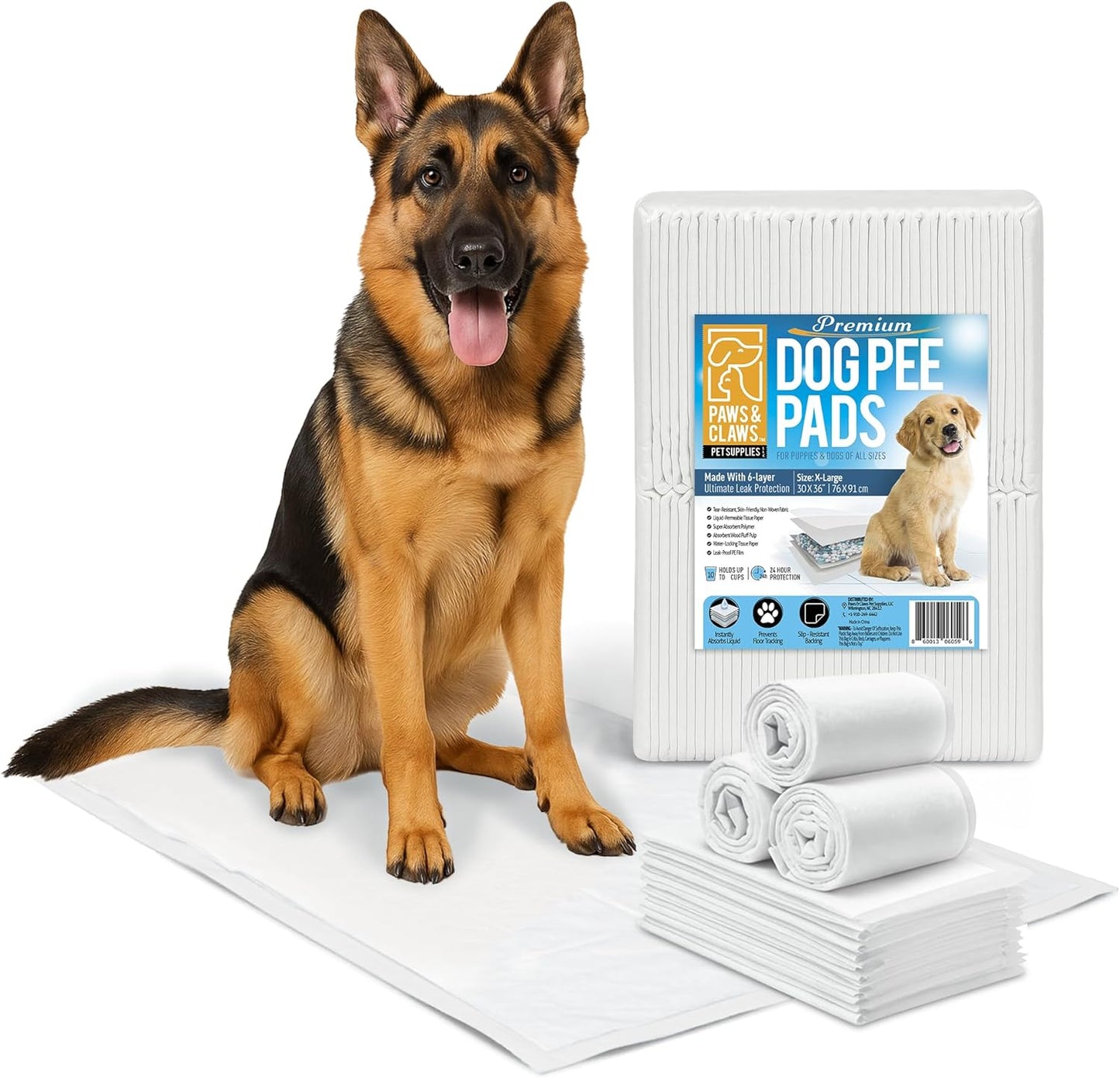 Paws & Claws Premium Disposable Dog Pee Pads – Extra Large 30"x36", 30-Count – 6-Layer Leak-Proof, Super Absorbent (Holds 10 Cups), Odor Control, Quick-Dry, Non-Slip for Large Dogs, Multi-Pet Homes