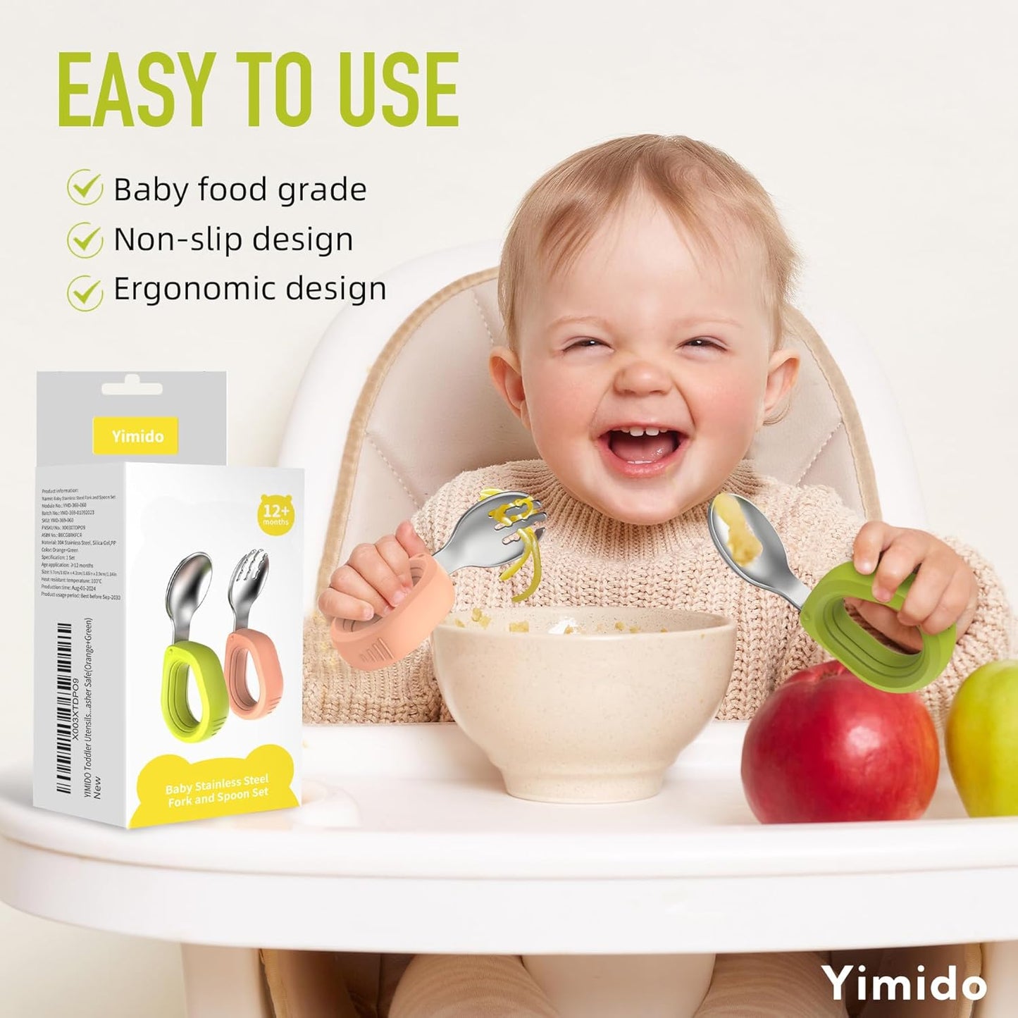 Toddler Utensils - Baby Forks and Spoons Set - Kids Stainless Steel Silverware - Children Safe - Self Feeding - Dishwasher Safe (Orange + Green)