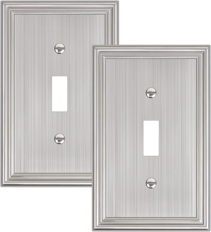2-Pack Single Toggle Light Switch Cover Plate, Durable Solid Zinc Alloy Decorative Switch Plate Covers, Brushed Nickel 1 Gang Wall Plate, Corrosion Resistant