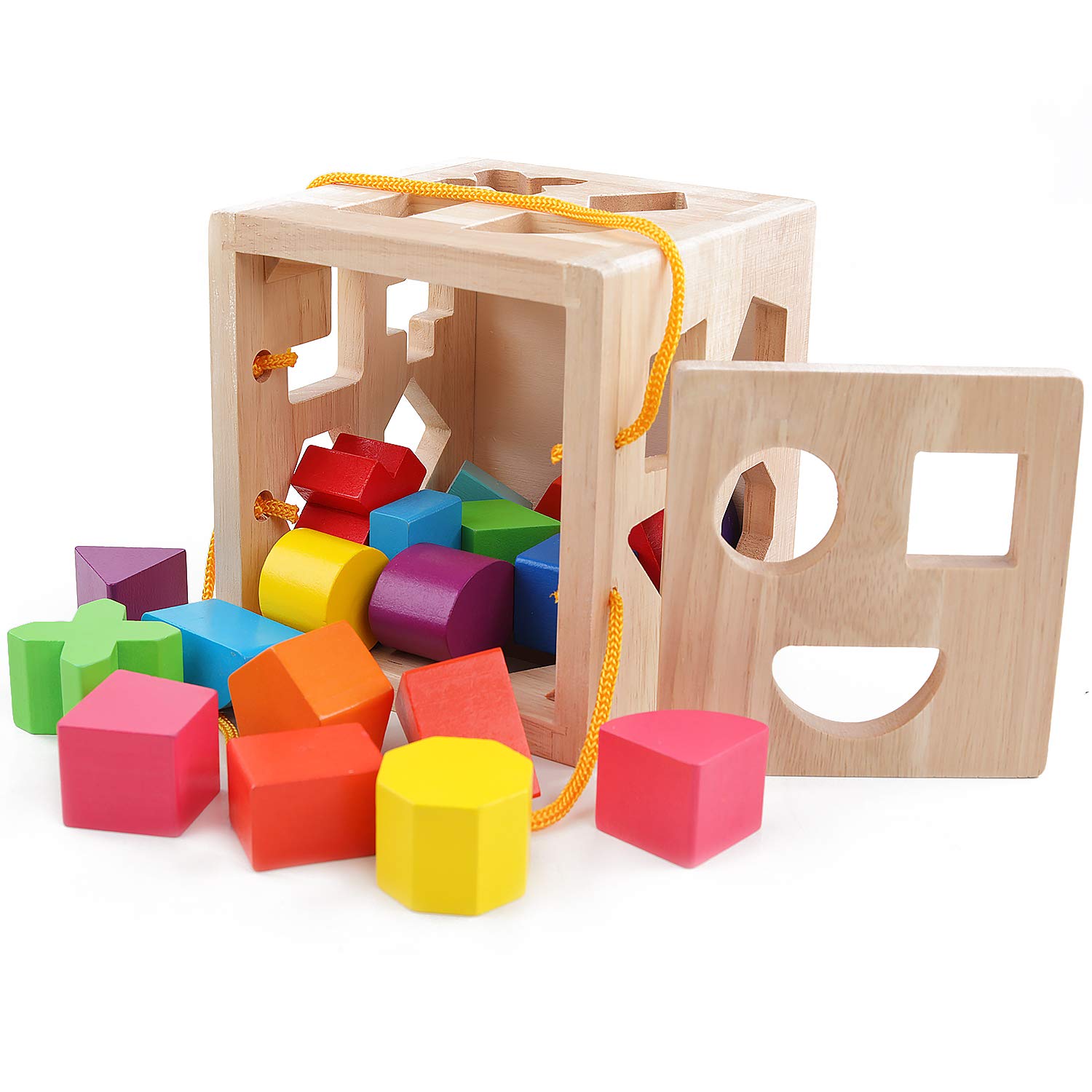 QZMTOY Shape Sorter Toys with 19 Shape Blocks, Classic Wooden Toys for Toddlers Kids, Gift for