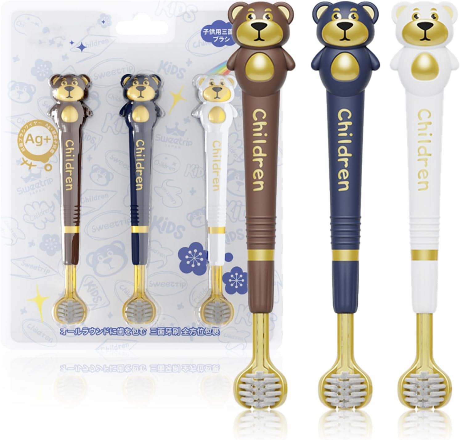 3 Sided Toothbrush for Kids, Japanese Design Triple-Angle Toothhugger, Cartoon Bear Design for