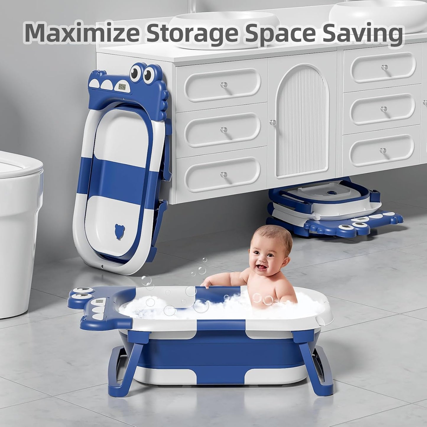 TPN Collapsible Baby Bathtub, Baby Bath Tub with Soft Cushion & Real-Time Thermometer, Baby Bathtub