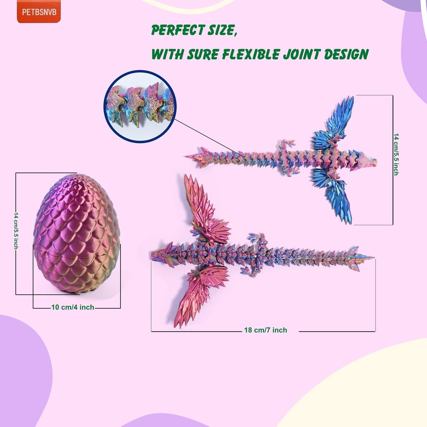 3 Colors 7" 3D Printed Dragon with Wings in Egg, Easter Basket Stuffers, Crystal Dragon Surprise in Eggs, Articulated Dragon, Dragon Fidget Toy, Home Office Decor Executive Desk Toy (Purple)