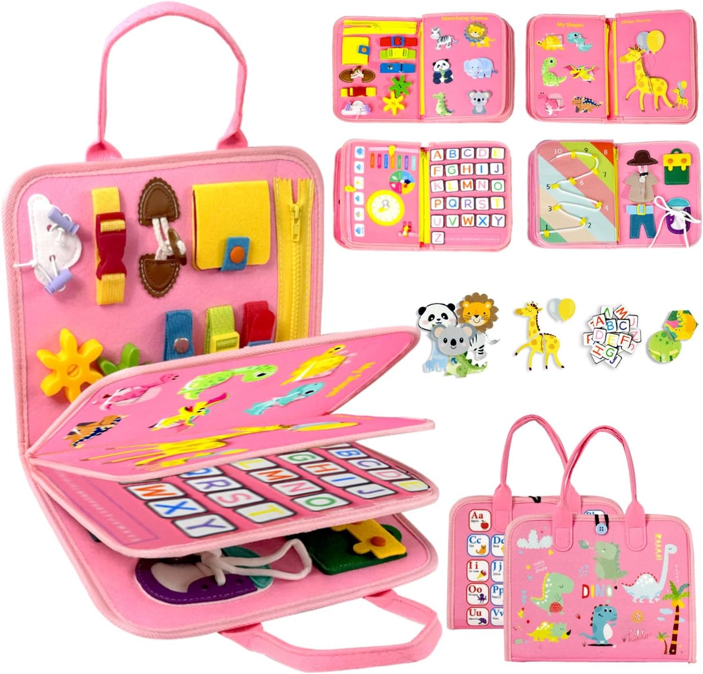 Qizfun Busy Board Book Montessori Toys for 1 2 3 4 Year Old, Girl Birthday Gifts, Educational Sensory Learning Toy for Toddlers 1-3, Car Airplane Travel Activities Toys for Kids Ages 2-4 Year Old