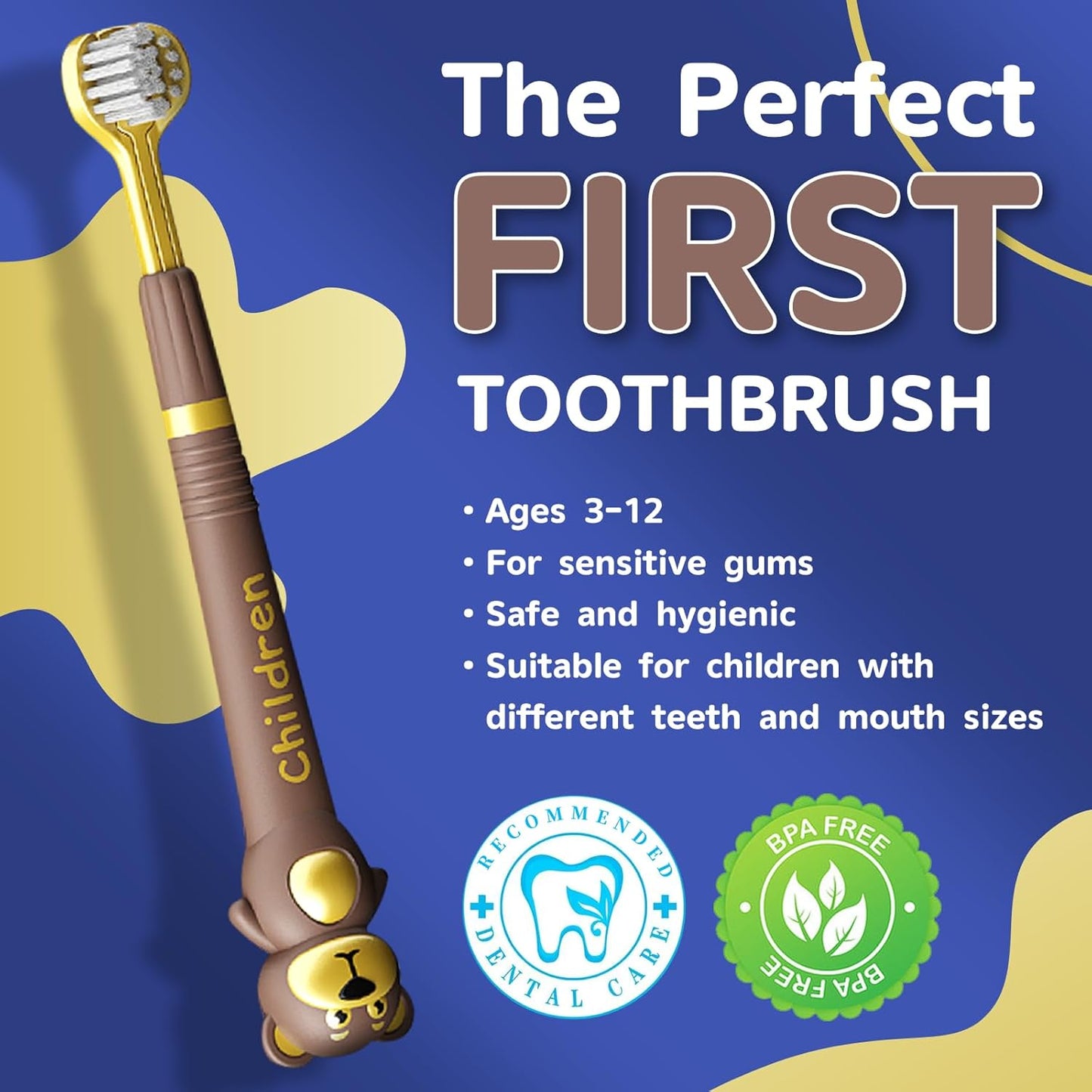 3 Sided Toothbrush for Kids, Japanese Design Triple-Angle Toothhugger, Cartoon Bear Design for