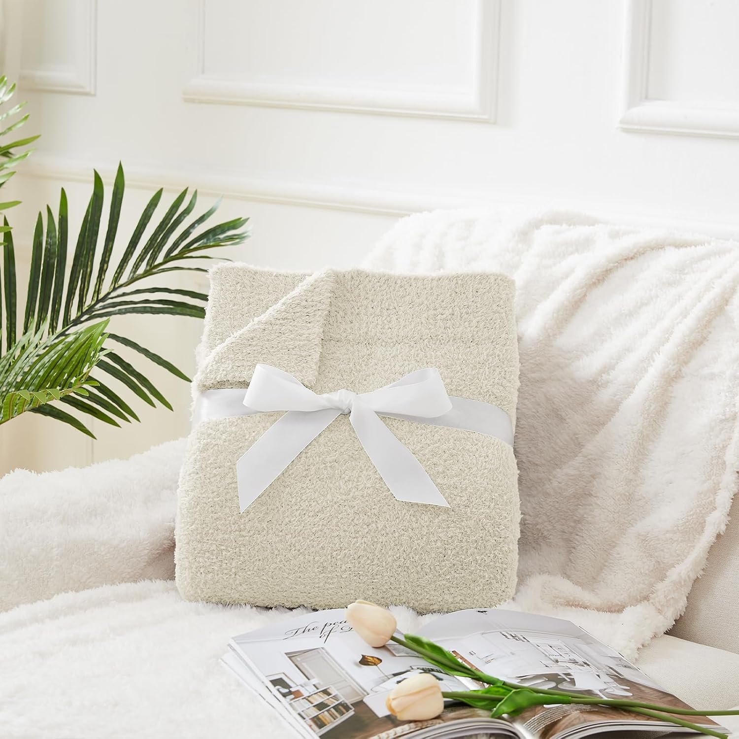 CYMULA Super Soft Knit Throw Blanket Throw Size Beige - Lightweight Plush Fuzzy Fluffy Warm Cozy