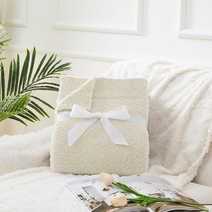 CYMULA Super Soft Knit Throw Blanket Throw Size Beige - Lightweight Plush Fuzzy Fluffy Warm Cozy