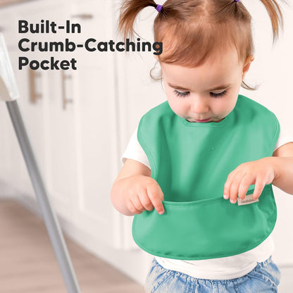 3-Pack Waterproof Baby Bibs for Eating - Lightweight Toddler Feeding Bibs with Large Food Catcher, Mess Proof, Food-Grade Baby Eating Essentials, Easy to Put On & Clean (Basics)