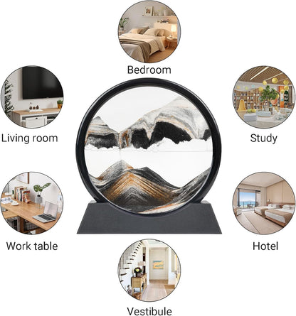 Drakswet Moving Sand Art Liquid Motion，Moving Sand Art Picture-3D Deep Sea Sandscape，Round Glass Frame Display Flowing Sand Relaxing Desktop Home Office Work Decor (Black)