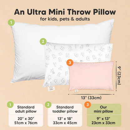 Mini Toddler Pillow with Pillowcase - 9x13 My Little Dreamy Travel Kids Pillow for Sleeping, Toddler Bed, Small, Tiny, Organic Cotton Pillowcase, Soft & Breathable, Kids 2-4 Years Old (Mist Pink)