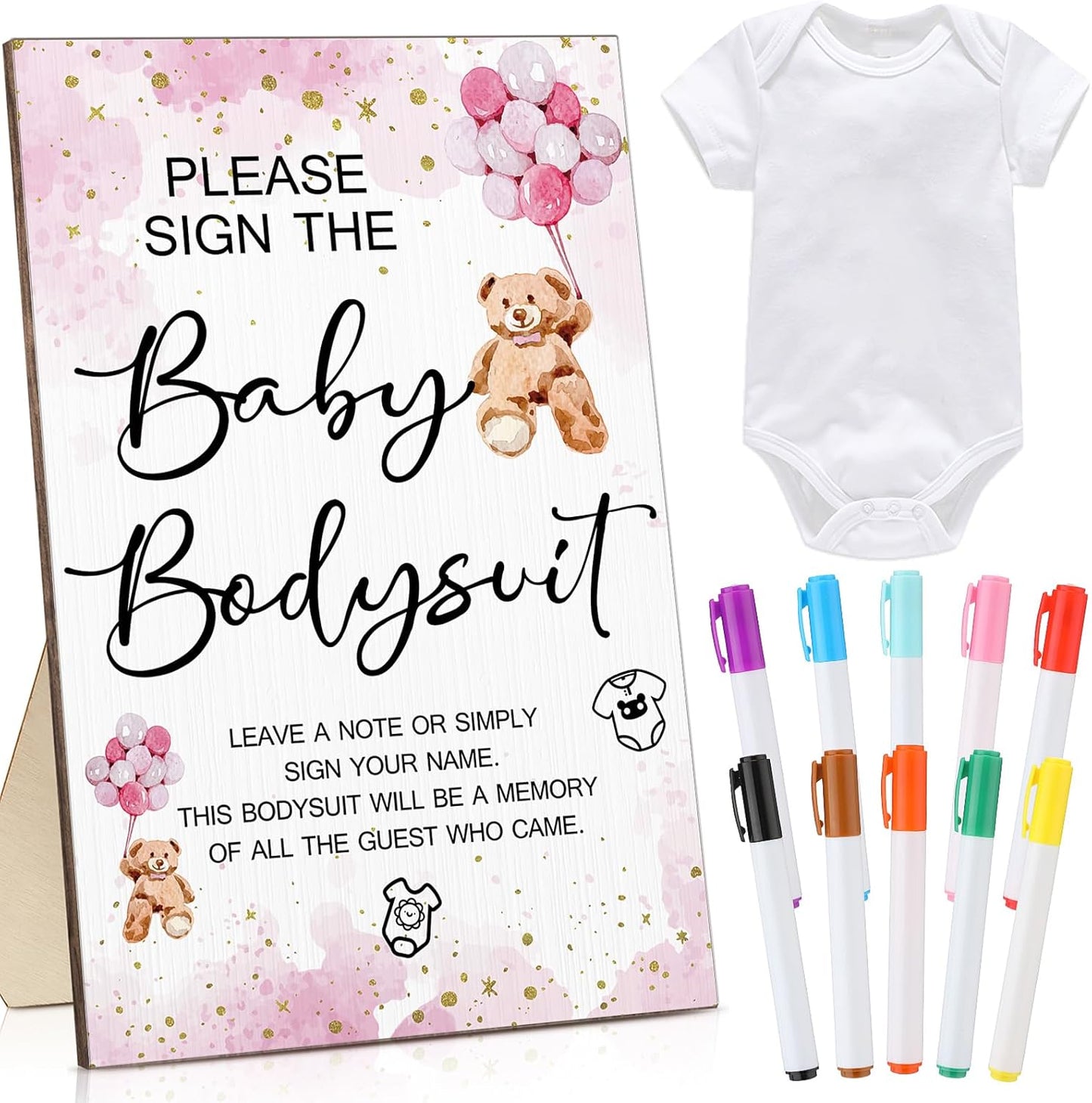 Qunclay 12 Pcs Baby Bodysuit Baby Shower Game Include 1 Game Wooden Sign Tabletop Decor 1 White Blank Newborn Bodysuit 10 Fabric Marker for Gender Reveal Party(Pink Bear)