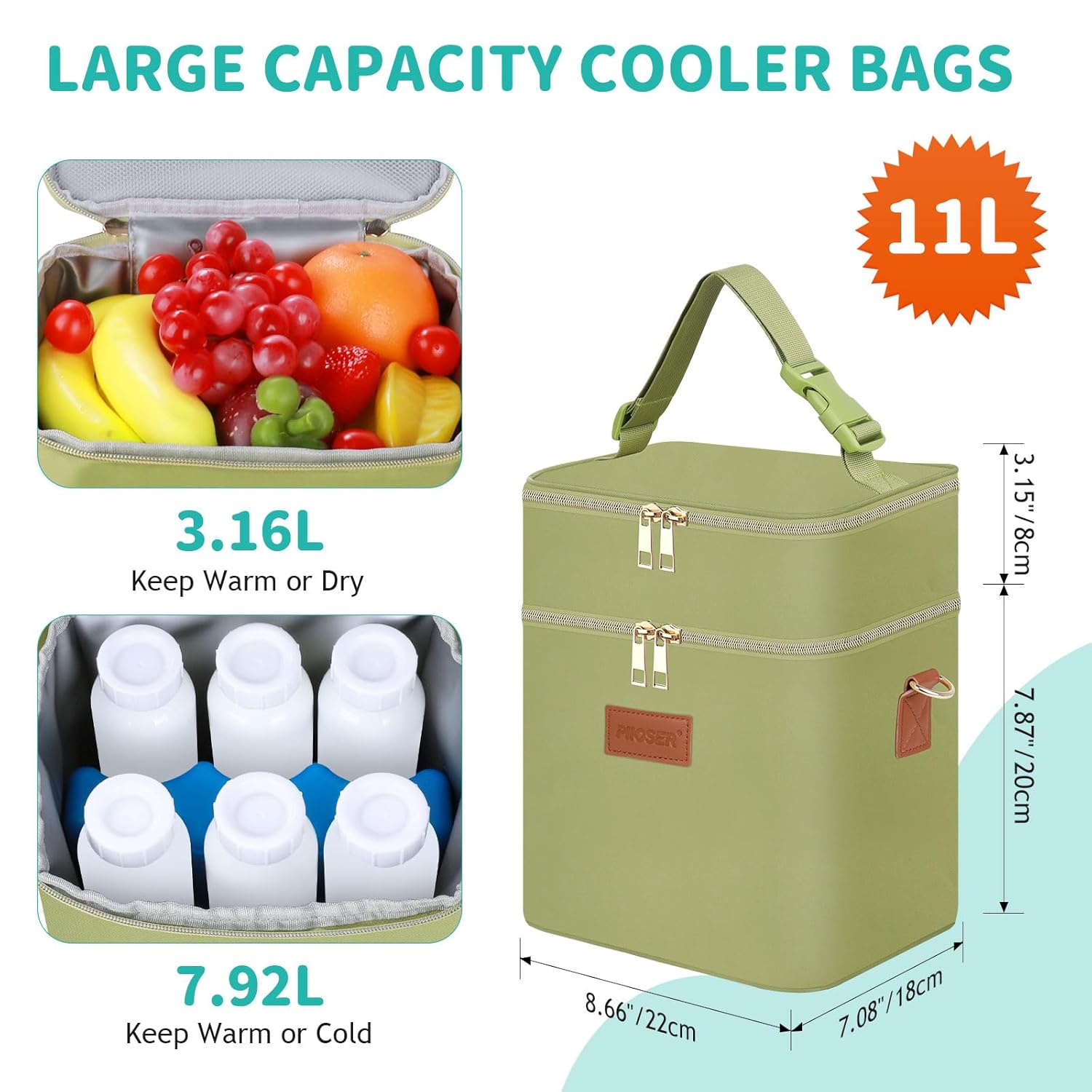 PIIOSER Breastmilk Cooler Bag with Ice Pack Fits 6 Baby Bottles Up to 9 Ounce, Insulated Baby