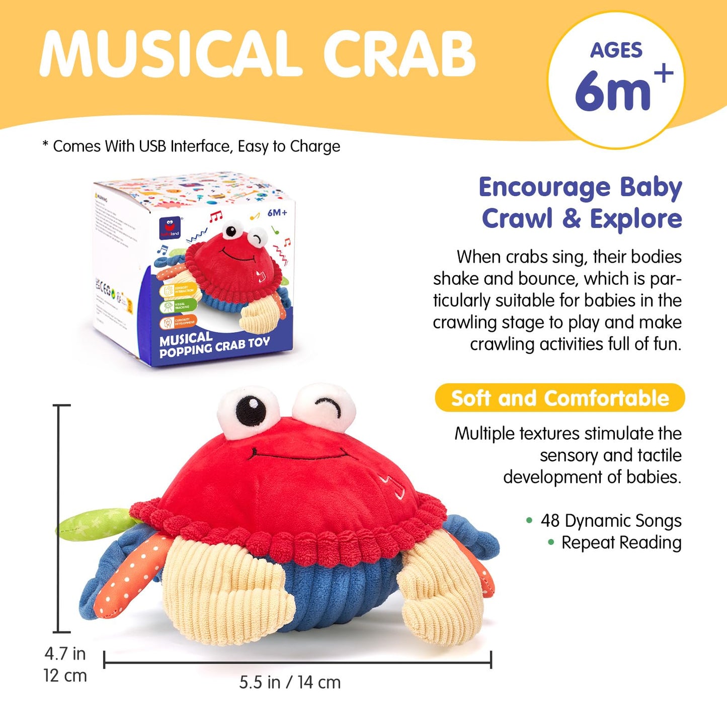 hahaland Baby 6+ Months Tummy Time Musical Bouncing Crab Crawling Toy