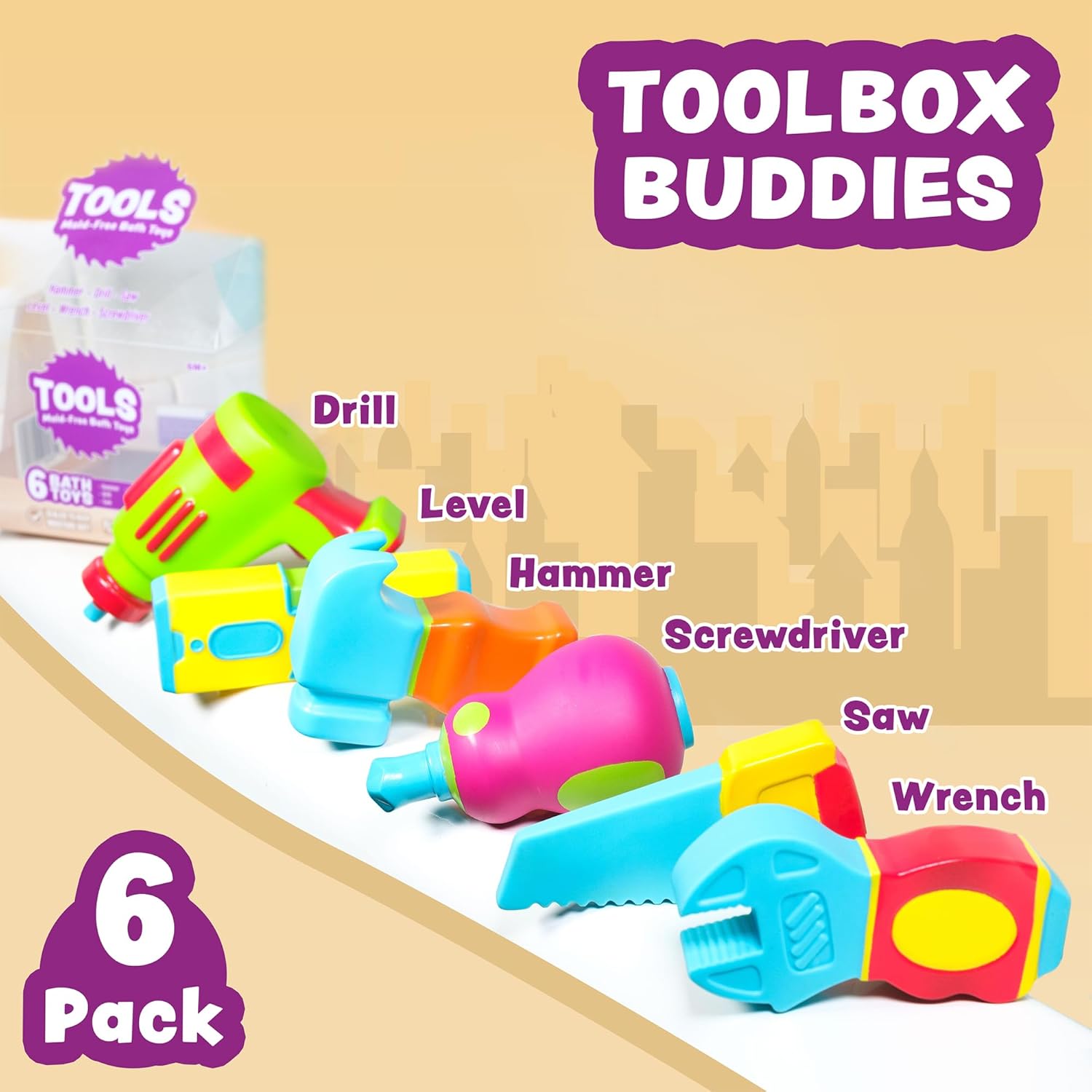 Tub Works® Tools™ Mold Free Bath Toys, 6 Pack | Sealed, No Hole Bath Toys Design Keeps Moisture Out