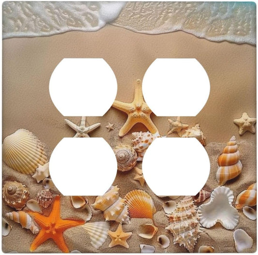Decorative Outlet Covers Beachy Sea Ocean Seashell Starfish 2 Gang Wall Plate Cover Double Duplex Receptacle Two Switch Light Switch Cover Plate Jumbo Dual Faceplate for Home Decor