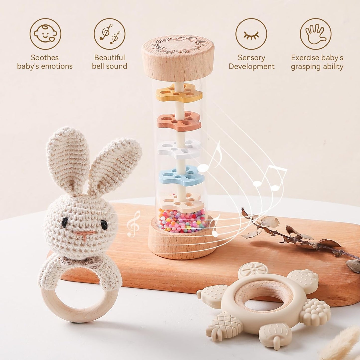 Youuys Wooden Baby Rattle Set (3pcs) - Crochet Rattle Rain Stick Teething Toys, Wooden Montessori Toy for Newborn Infant Baby Rattles Set Toys 3-6-12 Months (Bunny)