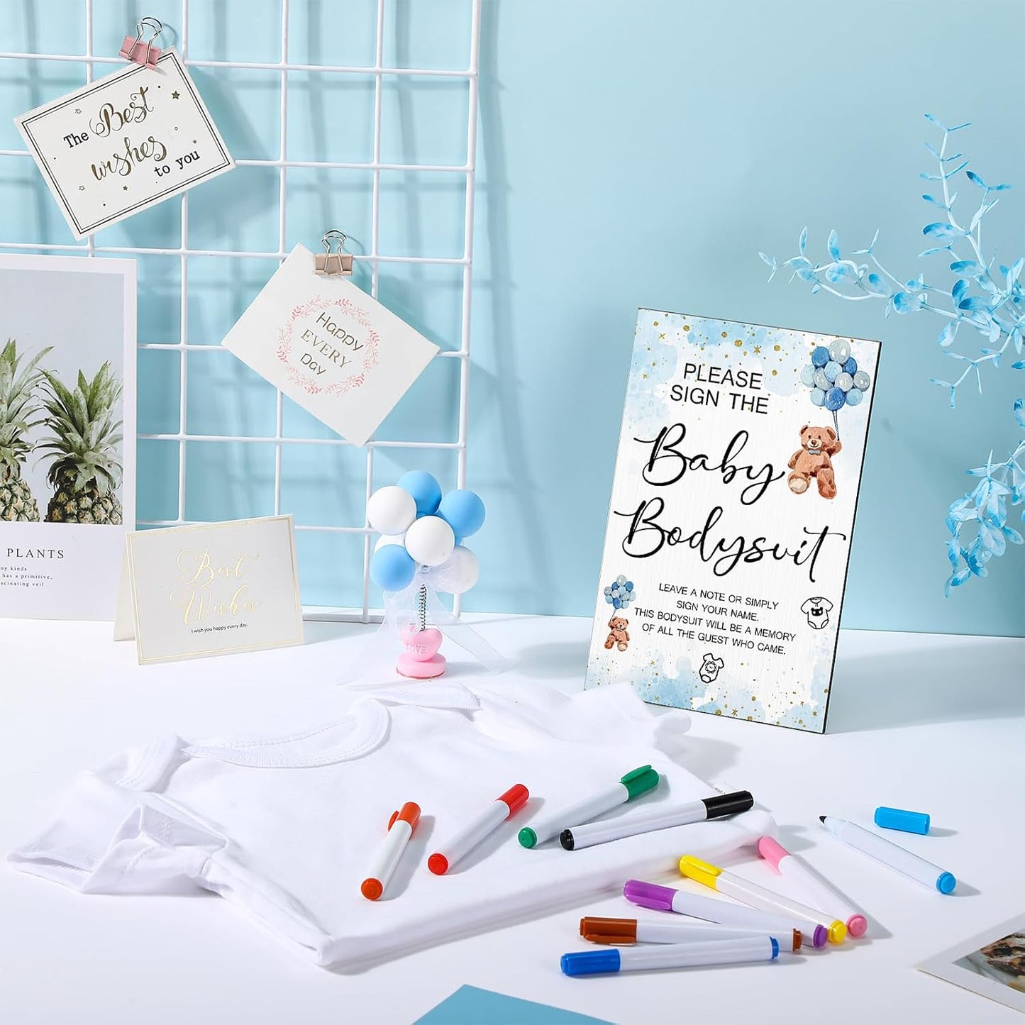 Qunclay 12 Pcs Baby Bodysuit Baby Shower Game Include 1 Game Wooden Sign Tabletop Decor 1 White Blank Newborn Bodysuit 10 Fabric Marker for Gender Reveal Party(Blue Bear)