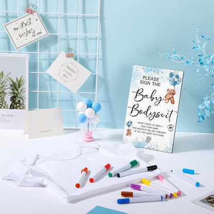 Qunclay 12 Pcs Baby Bodysuit Baby Shower Game Include 1 Game Wooden Sign Tabletop Decor 1 White Blank Newborn Bodysuit 10 Fabric Marker for Gender Reveal Party(Blue Bear)