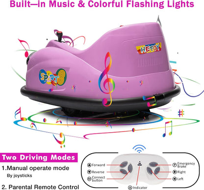 12V Bumper Car for Toddlers, Electric Toy Ride on Battery Car with Kids W/Parent Remote Control, 2-Speed, 360 Degree Spin, Music & LED Lights for Kids, Purple