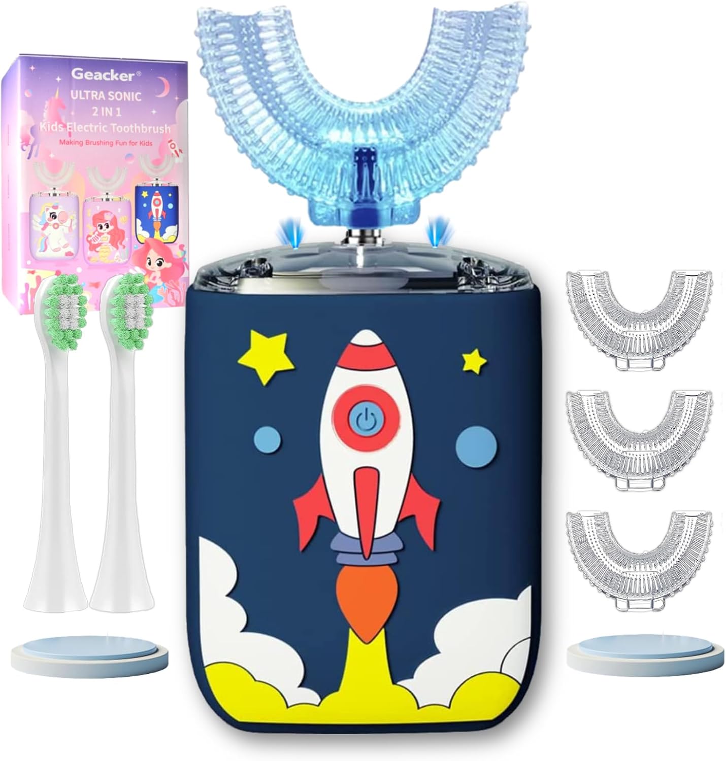 Kids U Shaped Electric Toothbrush Ultrasonic Automatic Brush with 5 Brush Head 6 Clean Modes IPX7