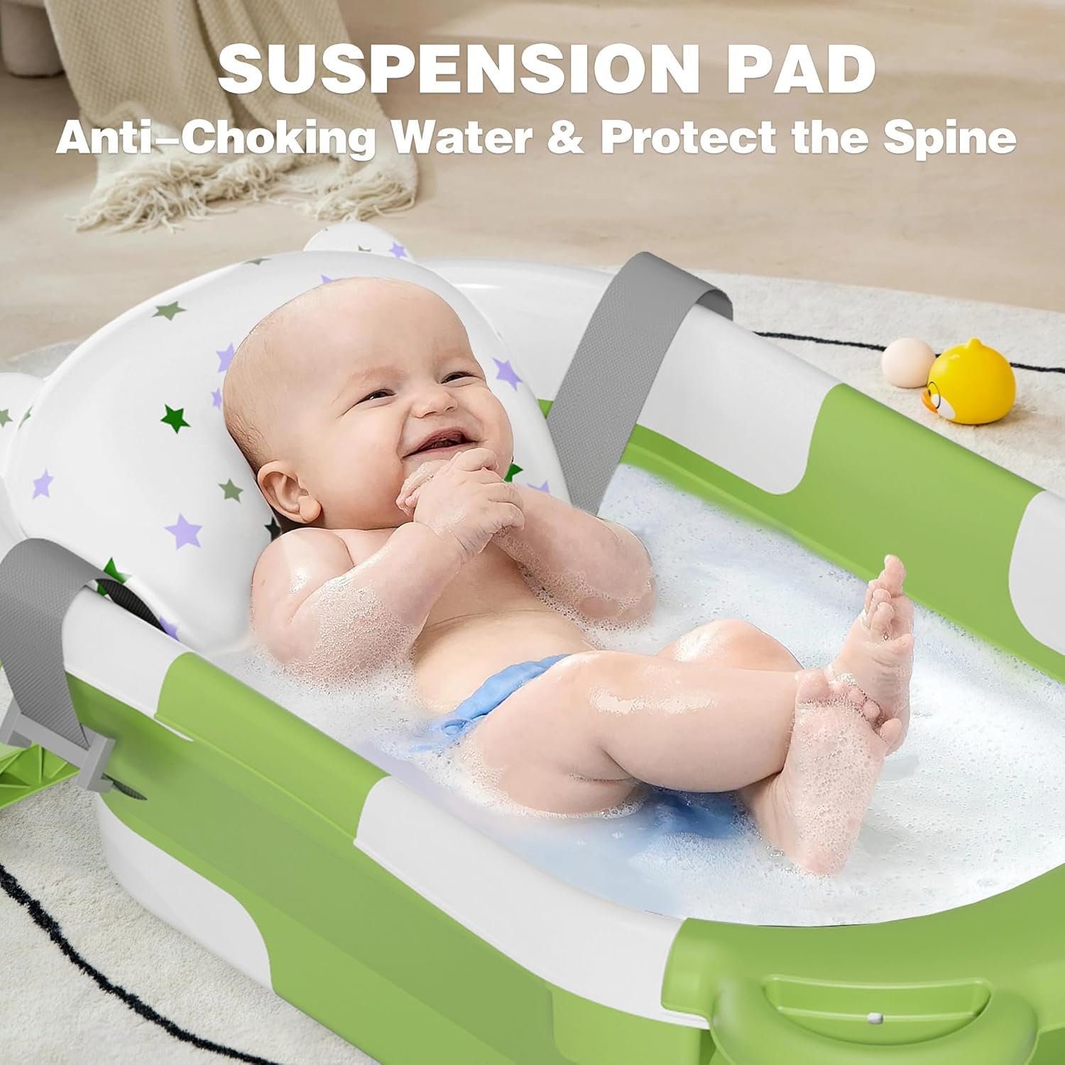 MoreFeel Collapsible Baby Bathtub for Newborn with Thermometer & 1 Hooded Towel & 1 Soft Floating