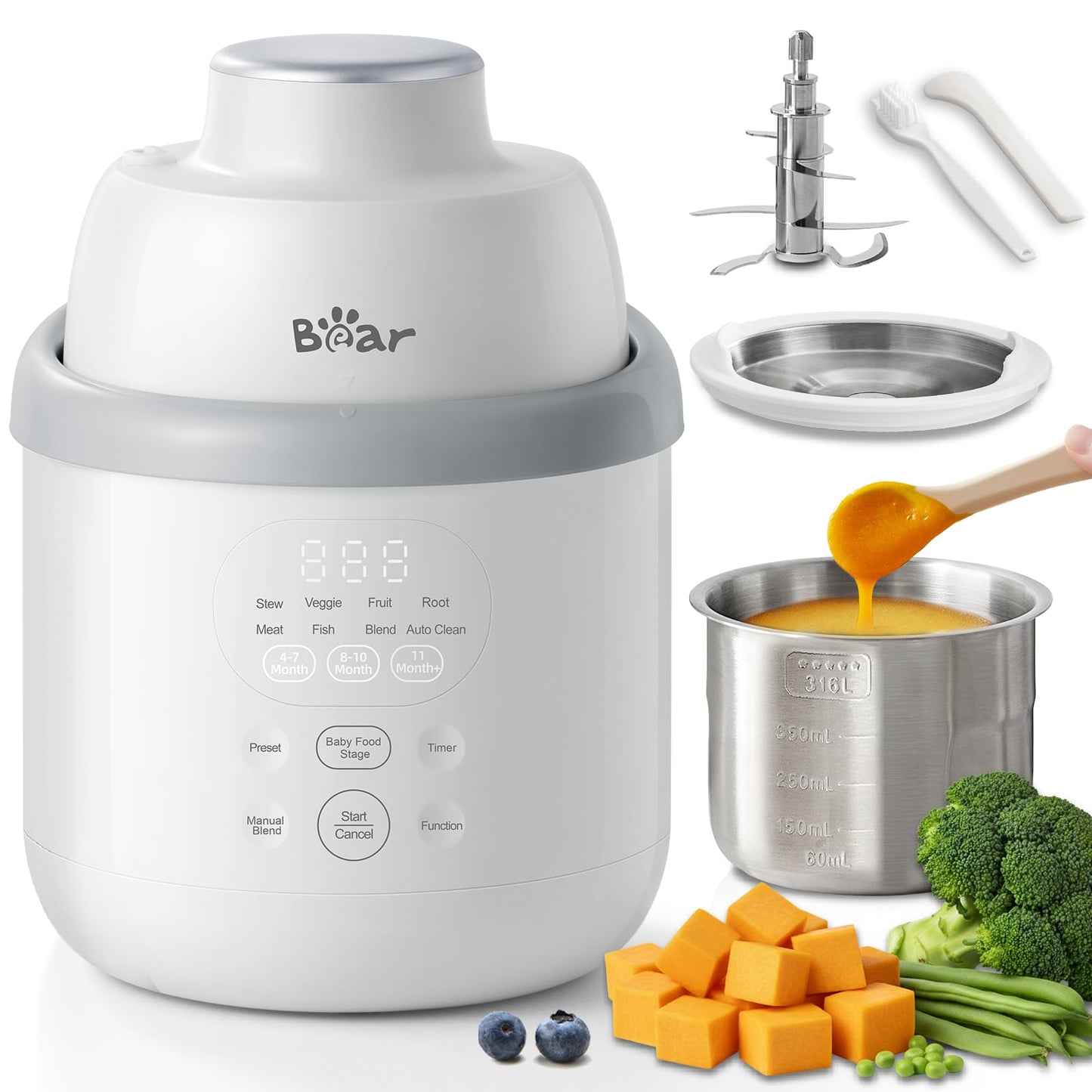 Bear NutriEase AllStage Stainless Steel Baby Food Maker Steamer and Blender