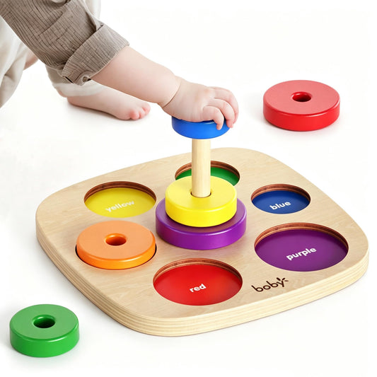 Dailyfunn Montessori Toys Wooden Rainbow Ring Stacker Color Size Learning Sorting Stacking Toy for