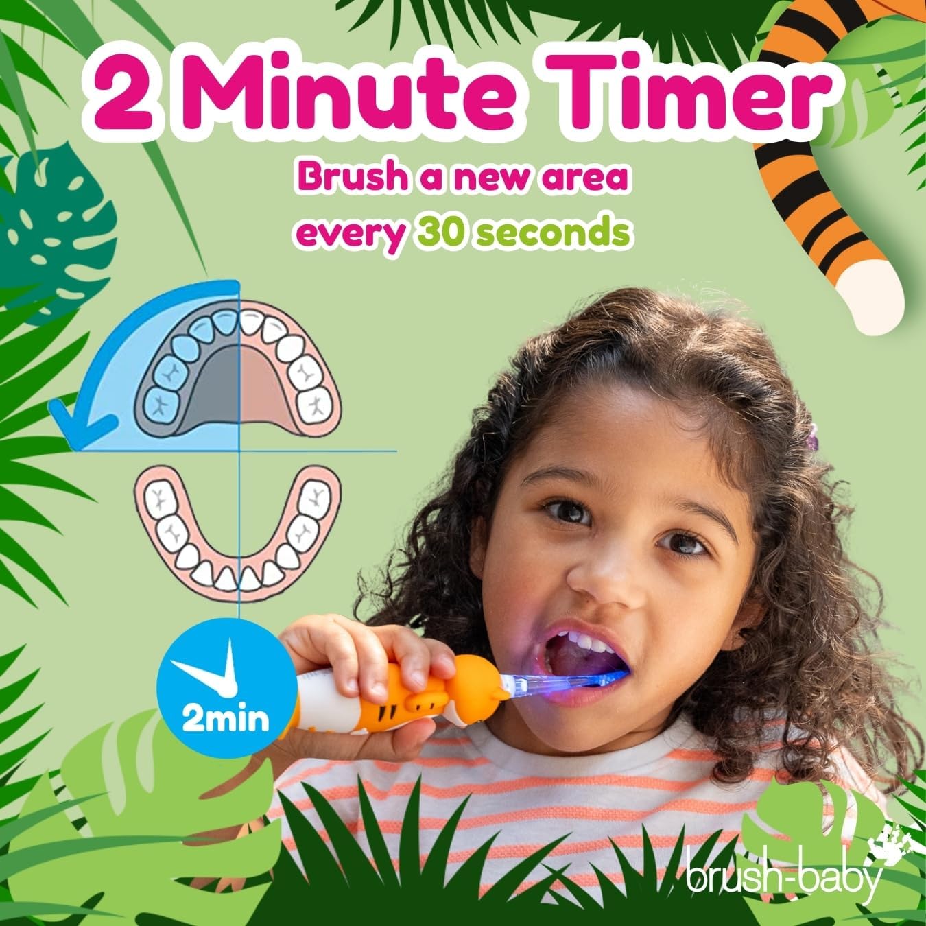 brush-baby WildOnes™ Rechargeable Kids Electric Toothbrush – Toby Tiger | Flashing Lights, 2-Min