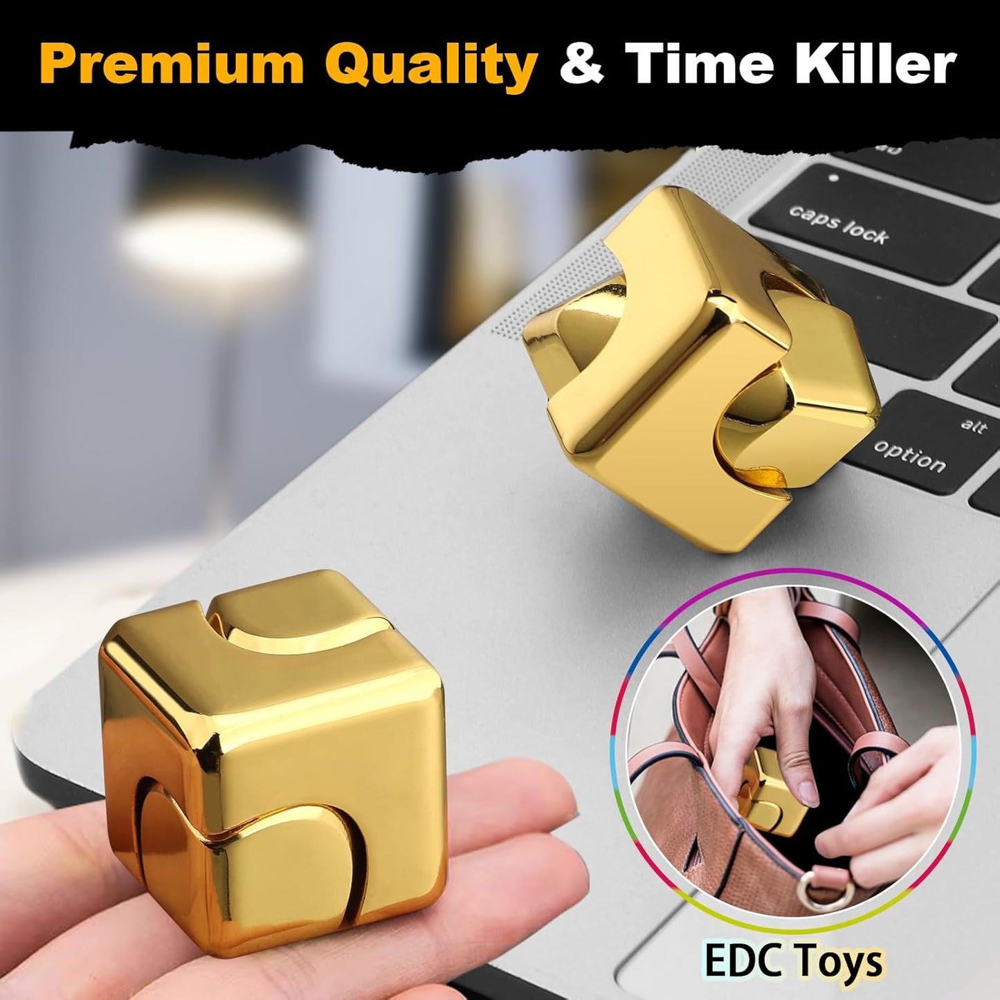 Metal Cube Fidget Spinner Toy for Kids Adults, Gold Cube Fidget Block Figner Spinner Focus 2 in 1