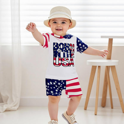 Toddler Baby Boy Summer Hooded Outfit Contrast Color Short Sleeve T Shirt Top Elastic Shorts Summer Clothes Set