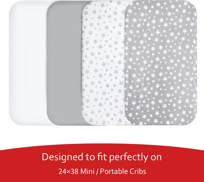 Mini Portable Crib Sheets 4 Pack for Boys or Girls (38" X 24"), Compatible with Dream on Me, Delta